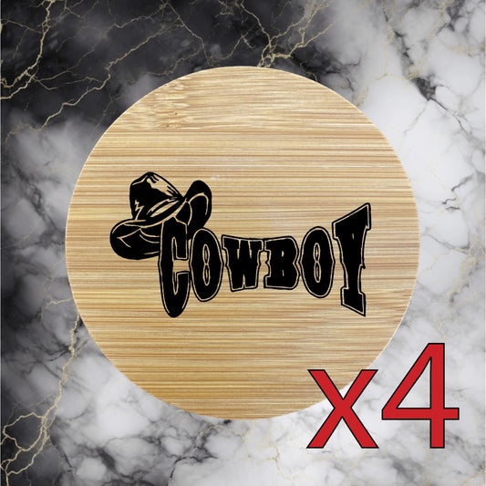 Cowboy x4 Bamboo Coasters Drink Natural Wood Home Decor Lounge Hat Country NEW