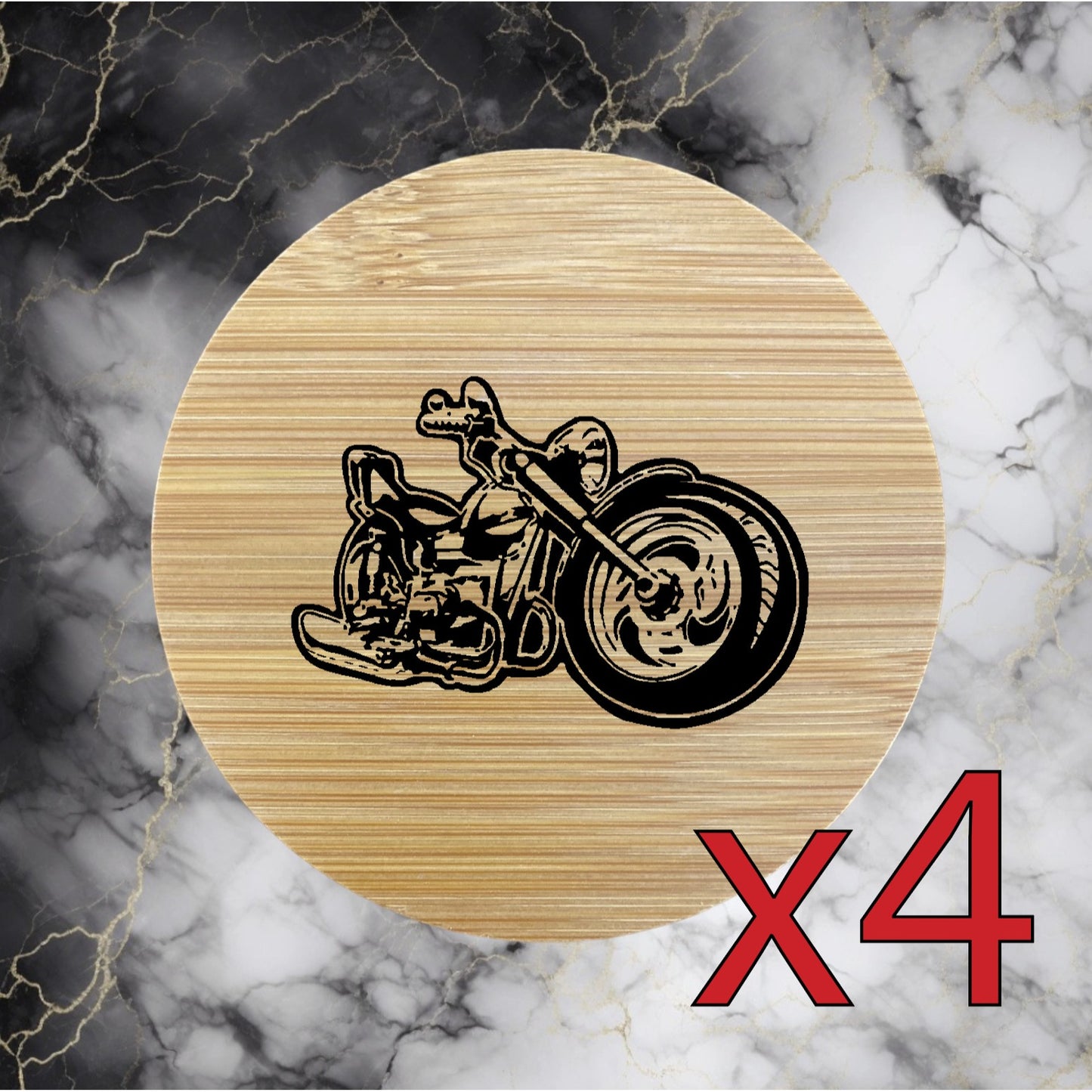 Motorcycle x4 Bamboo Coasters Drink Natural Wood Home Decor Lounge Chopper NEW