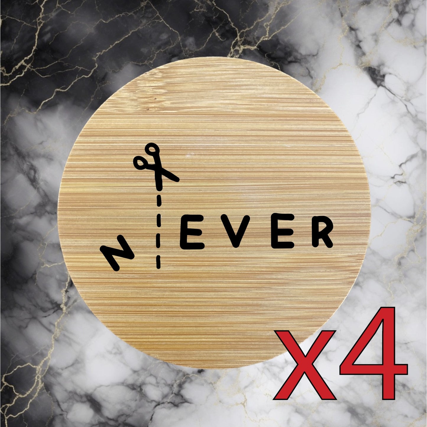 Never x4 Bamboo Coasters Drink Natural Wood Home Decor Lounge Quote Work NEW