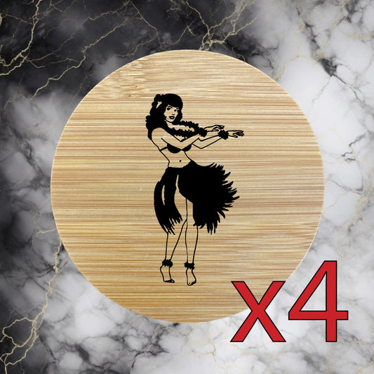 Hula Girl x4 Bamboo Coasters Drink Natural Wood Home Decor Lounge Tropical NEW