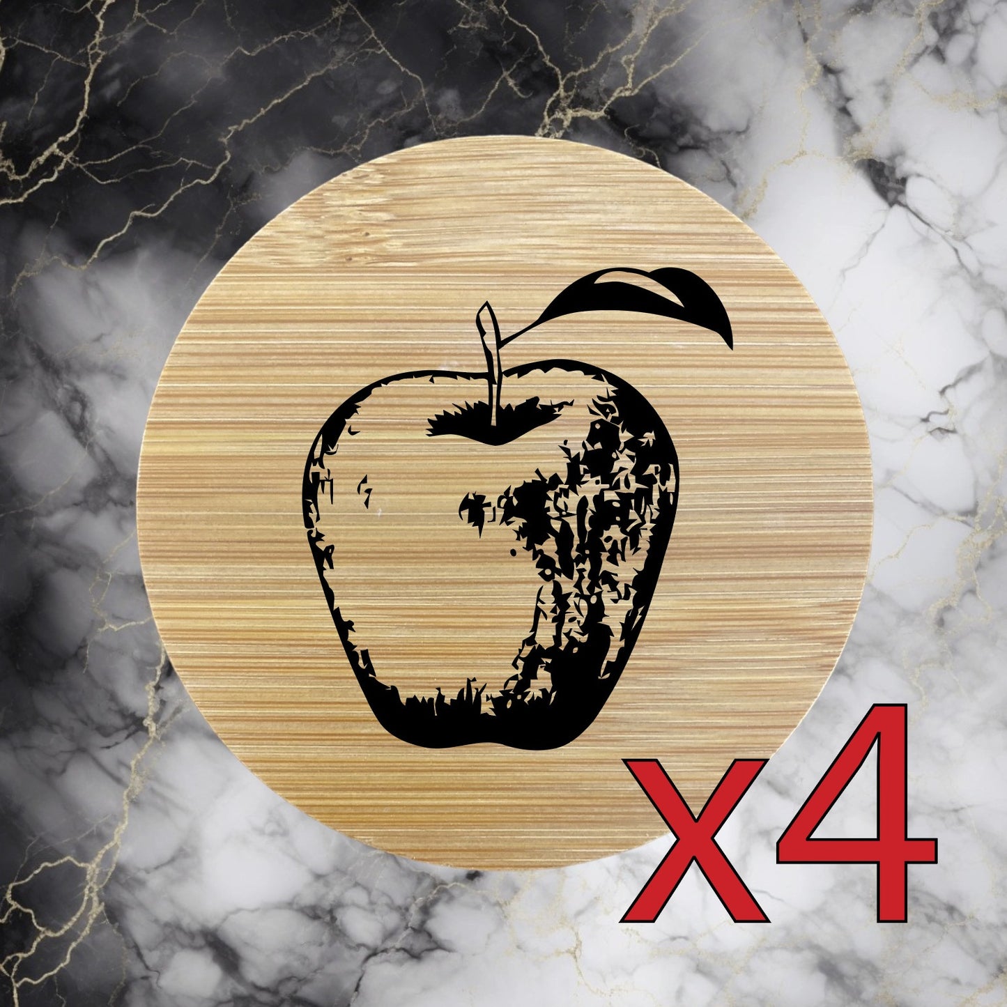 Apple x4 Bamboo Coasters Drink Natural Wood Home Decor Lounge Fruit Tree NEW