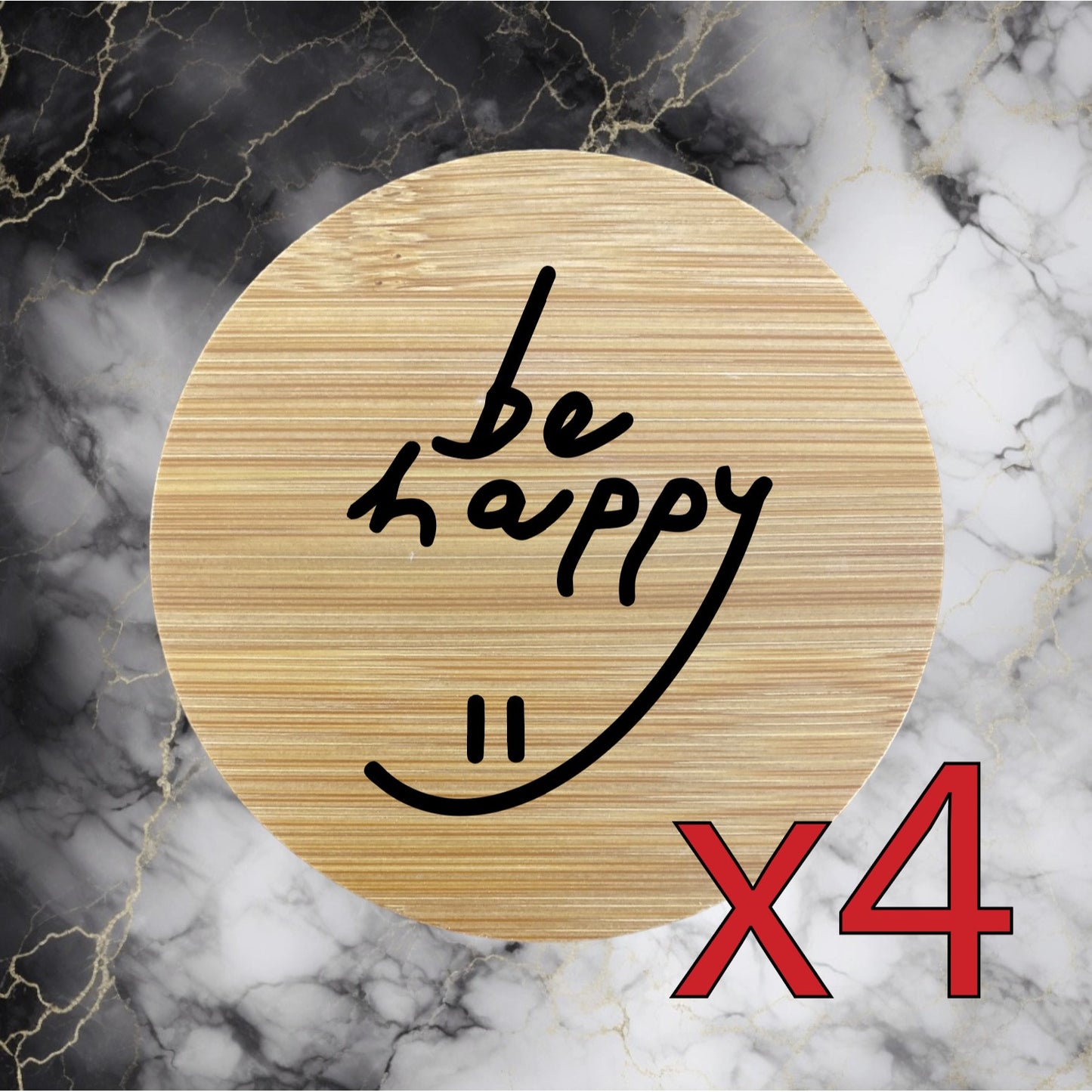 Be Happy x4 Bamboo Coasters Drink Natural Wood Home Decor Lounge Smiley Face NEW