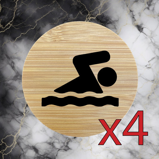 Swimming x4 Bamboo Coasters Drink Natural Wood Home Decor Lounge Swim Sport NEW