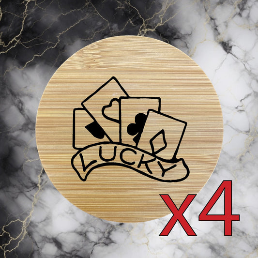 Lucky x4 Bamboo Coasters Drink Natural Wood Home Decor Lounge Cards Game NEW