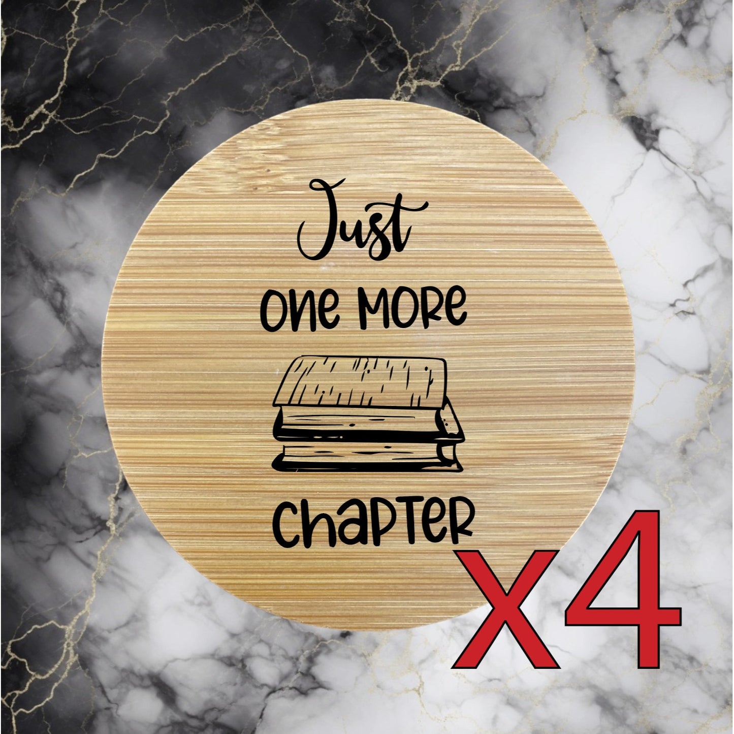 One More Chapter x4 Bamboo Coasters Drink Natural Wood Home Decor Books NEW