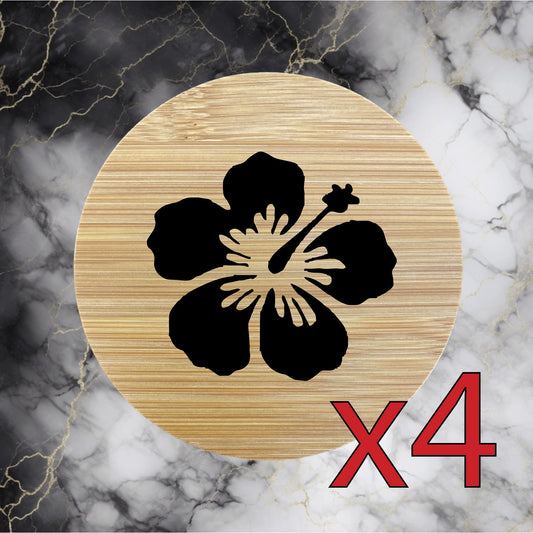 Hibiscus x4 Bamboo Coasters Drink Natural Wood Home Decor Lounge Flower NEW