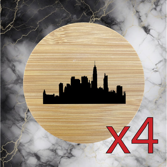 City Skyline x4 Bamboo Coasters Drink Natural Wood Home Decor Lounge NEW