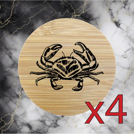 Crab x4 Bamboo Coasters Drink Natural Wood Home Decor Lounge Beach Ocean NEW