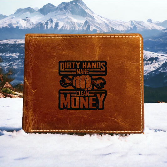 Dirty Hands Clean Money Leather Wallet Bifold Premium Quality Buffalo Work NEW