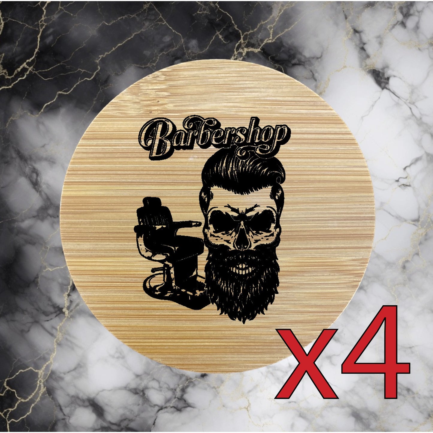 Barbershop x4 Bamboo Coasters Drink Natural Wood Home Decor Lounge Skull NEW