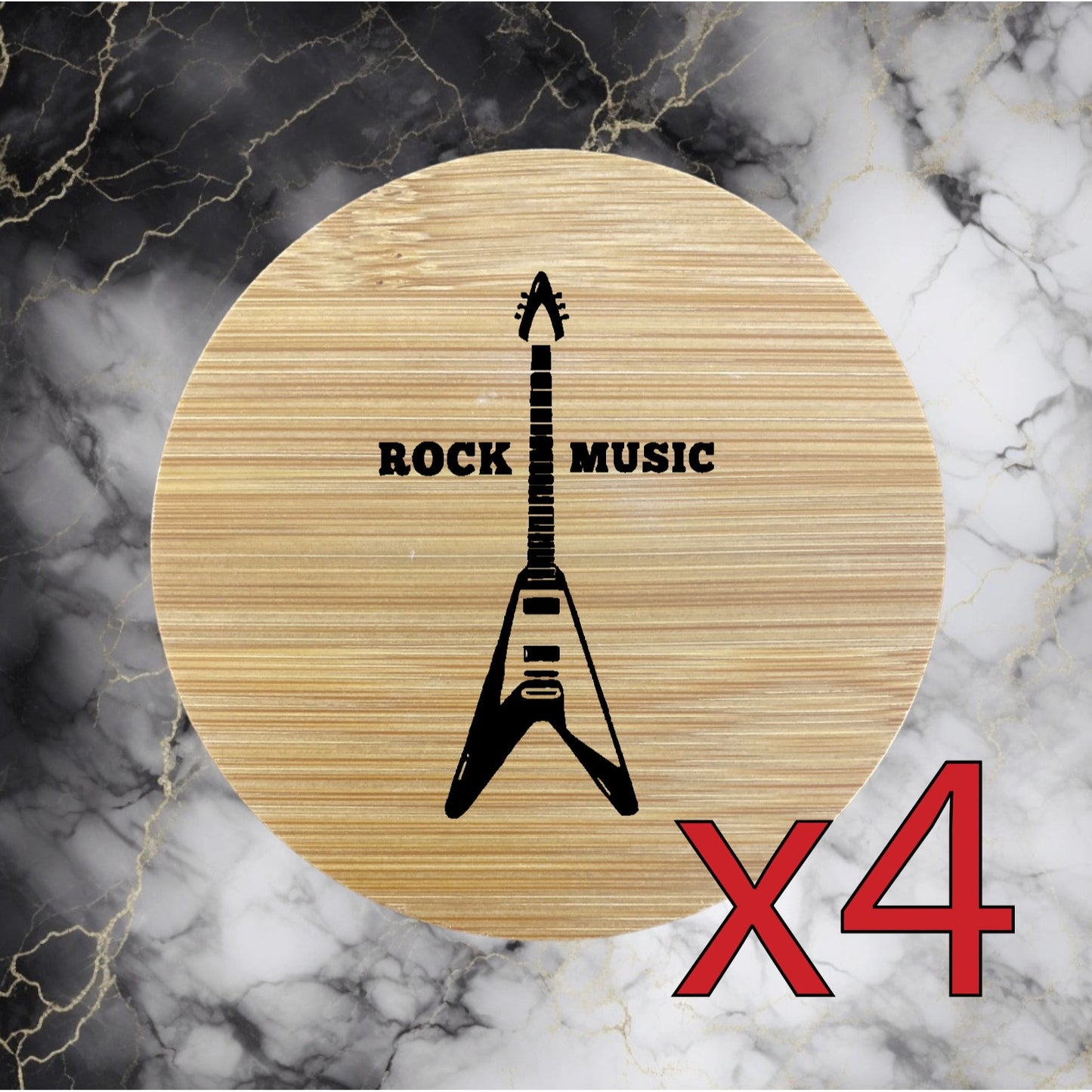 Rock x4 Bamboo Coasters Drink Natural Wood Home Decor Lounge Music Band NEW