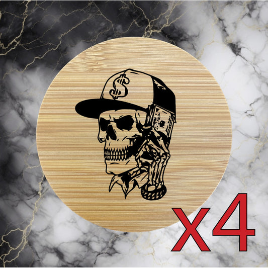 Money Calling x4 Bamboo Coasters Drink Natural Wood Home Decor Lounge Skull NEW