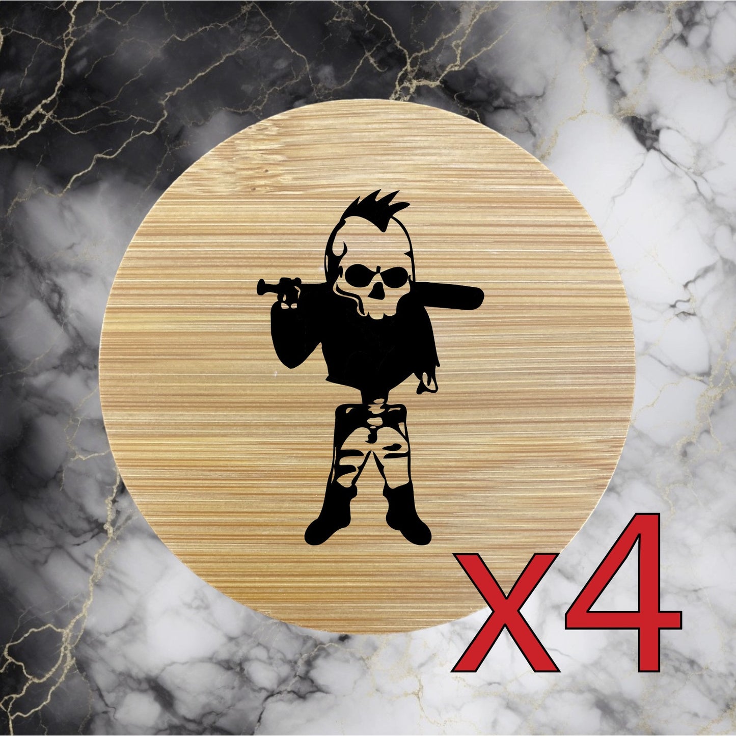 Skeleton Mohawk x4 Bamboo Coasters Drink Natural Wood Home Decor Lounge Bat NEW