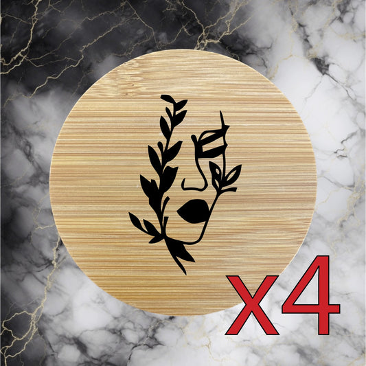 Woman Floral x4 Bamboo Coasters Drink Natural Wood Home Decor Lounge Plant NEW