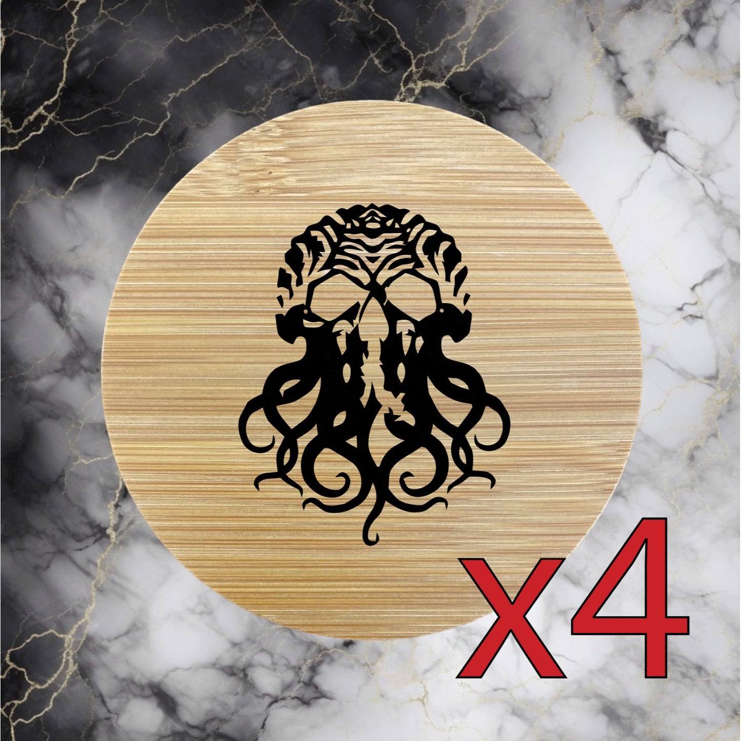 Octopus Skull x4 Bamboo Coasters Drink Natural Wood Home Decor Lounge Ocean NEW