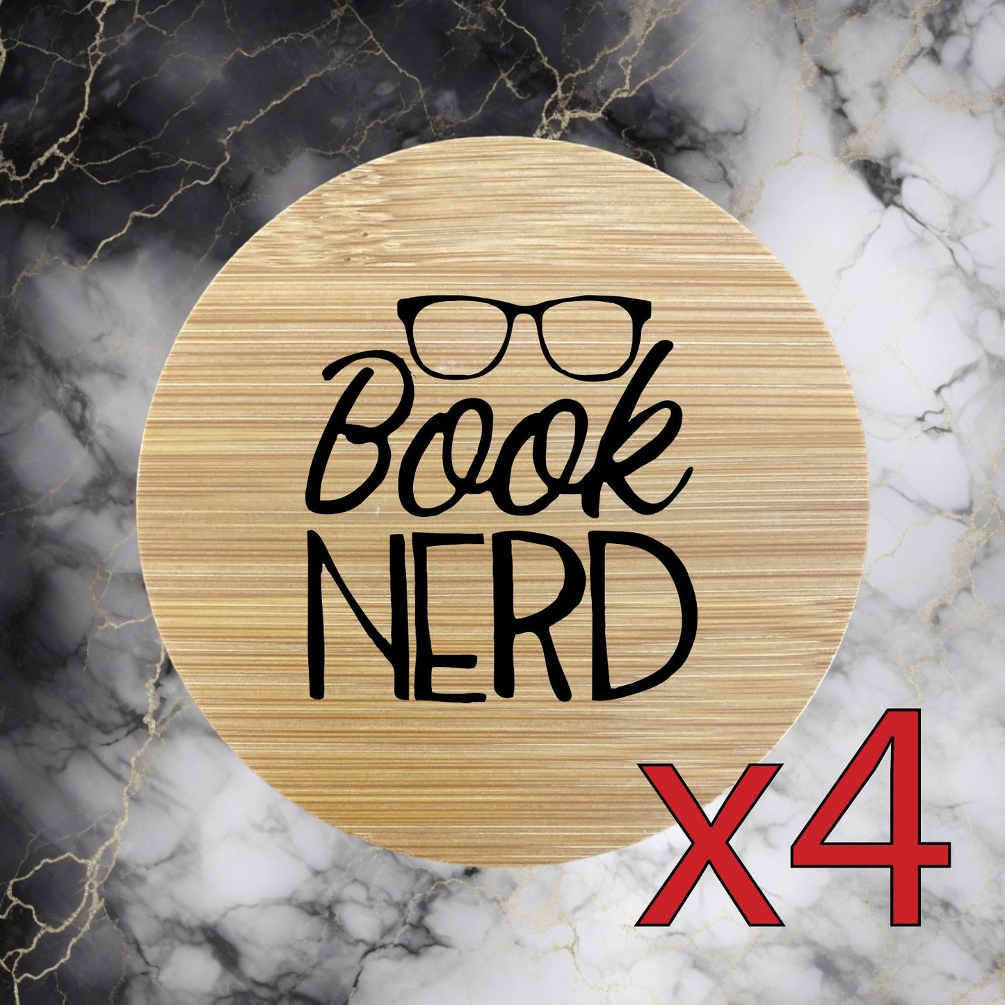 Book Nerd x4 Bamboo Coasters Drink Natural Wood Home Decor Lounge Reading NEW