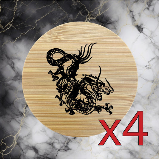 Dragon x4 Bamboo Coasters Drink Natural Wood Home Decor Lounge Wild Animal NEW