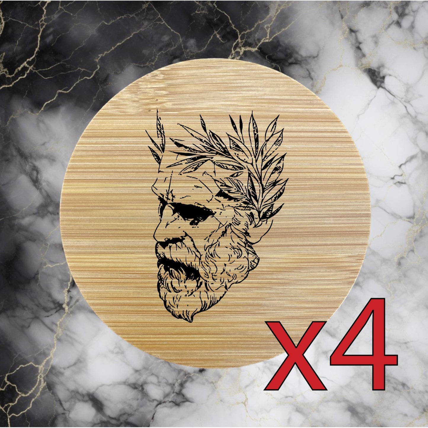 Greek King x4 Bamboo Coasters Drink Natural Wood Home Decor Lounge Royal NEW