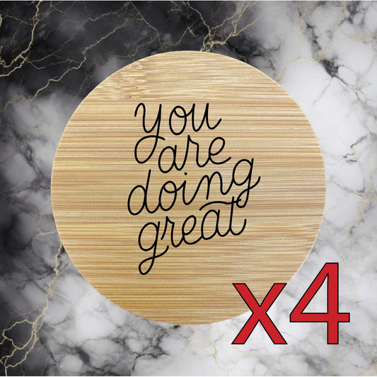 Doing Great x4 Bamboo Coasters Drink Natural Wood Home Decor Lounge Quote NEW