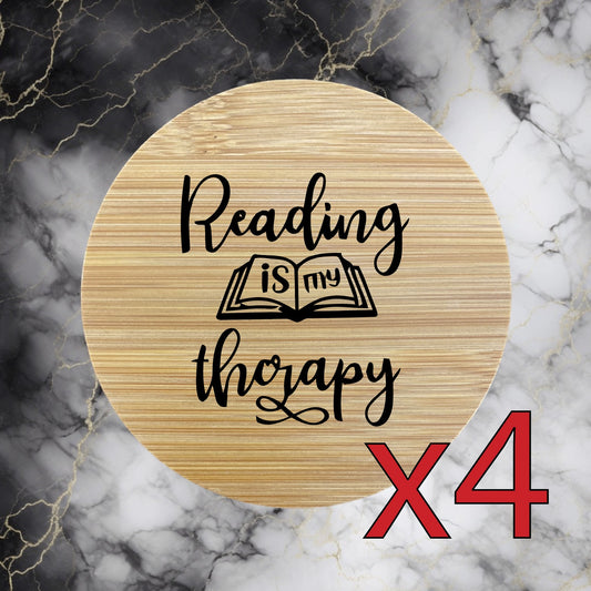 Reading Therapy x4 Bamboo Coasters Drink Natural Wood Home Decor Books NEW