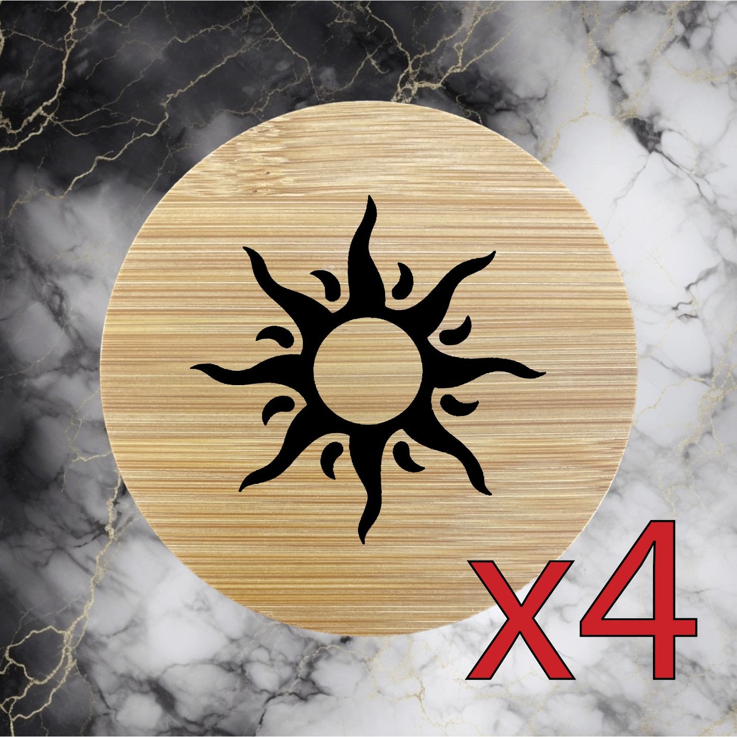 Sun Tribal x4 Bamboo Coasters Drink Natural Wood Home Decor Lounge Art NEW