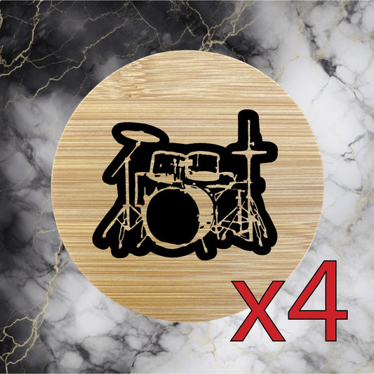 Drum Set x4 Bamboo Coasters Drink Natural Wood Home Decor Lounge Band Music NEW