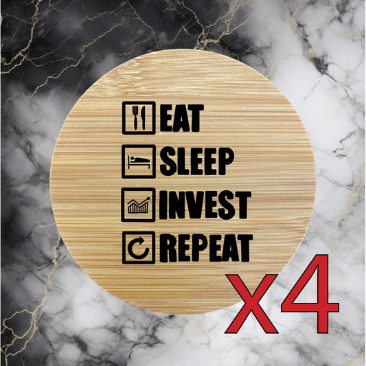 Invest x4 Bamboo Coasters Drink Natural Wood Home Decor Lounge Quote Money NEW