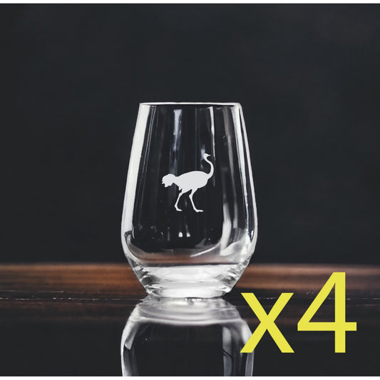 Ostrich Stemless Wine Glasses x4 Premium 15 Oz Personalize Animal Wild NEW