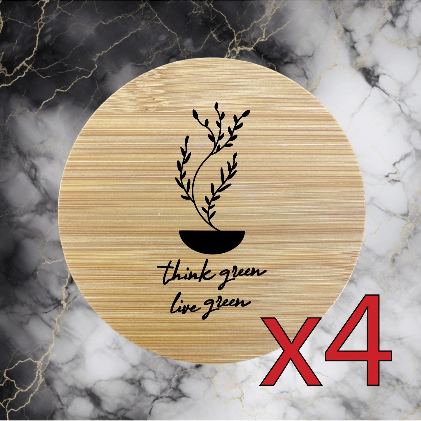 Think Green x4 Bamboo Coasters Drink Natural Wood Home Decor Lounge Plant NEW