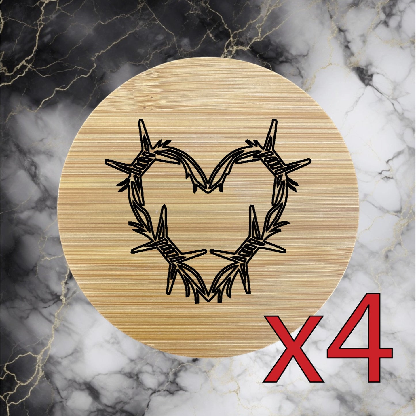 Barbwire Heart x4 Bamboo Coasters Drink Natural Wood Home Decor Lounge Love NEW