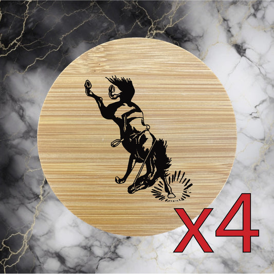 Bronco x4 Bamboo Coasters Drink Natural Wood Home Decor Lounge Rodeo Western NEW