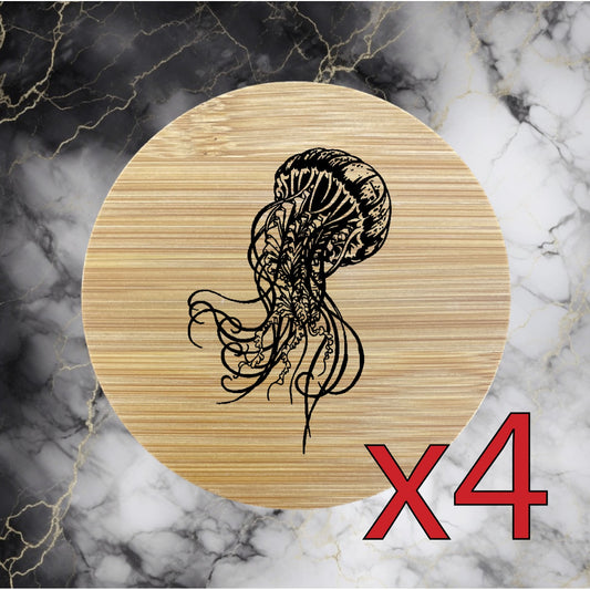 Jellyfish x4 Bamboo Coasters Drink Natural Wood Home Decor Lounge Ocean NEW