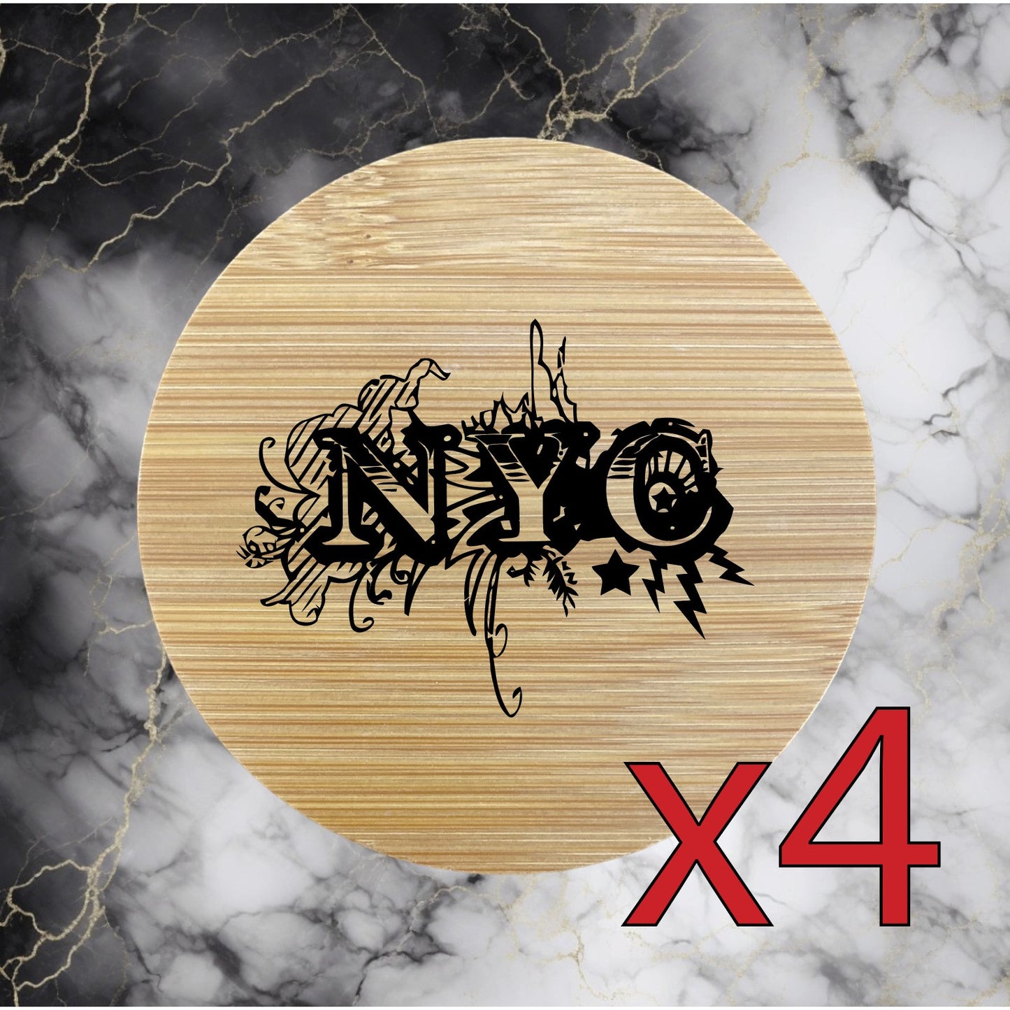 NYC x4 Bamboo Coasters Drink Natural Wood Home Decor New York Graffiti City NEW