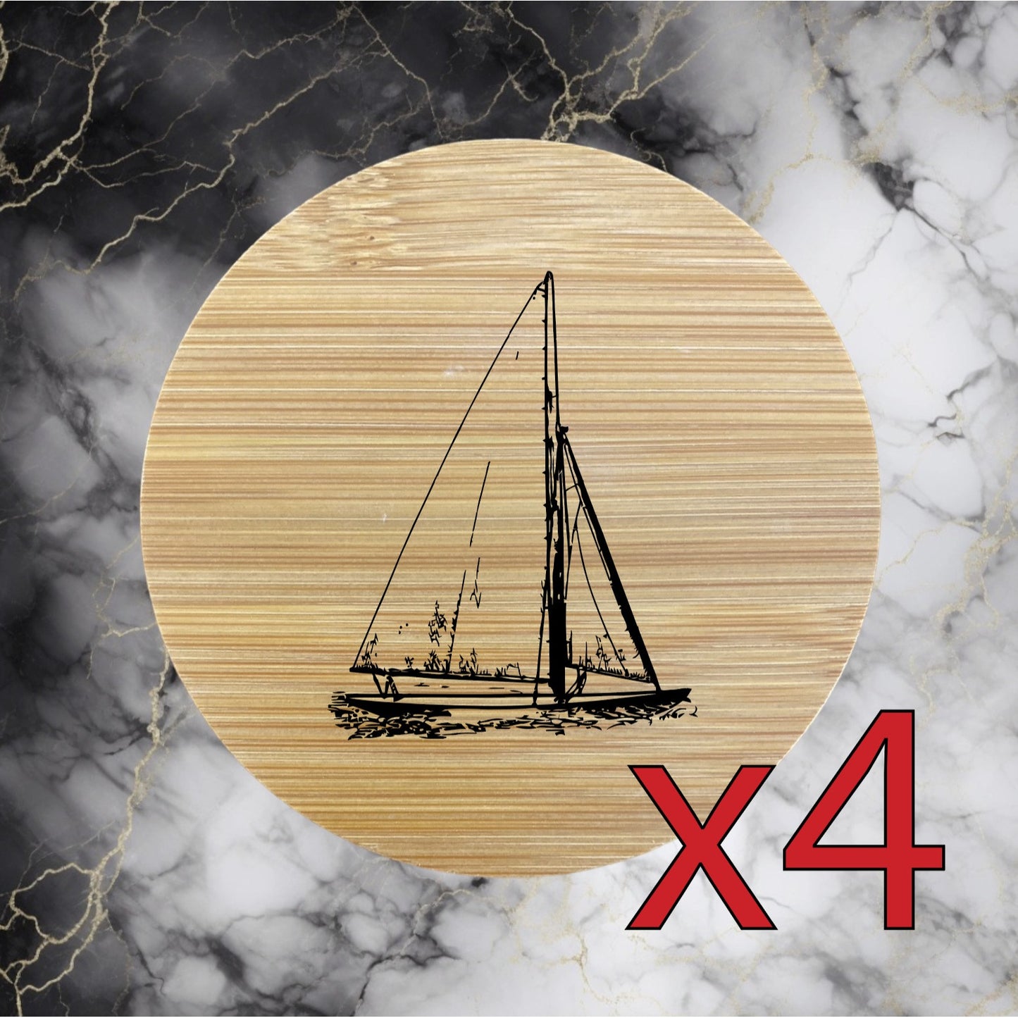 Sailboat x4 Bamboo Coasters Drink Natural Wood Home Decor Lounge Ocean NEW