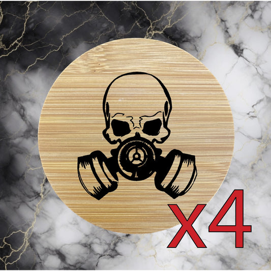 Skull Gas Mask x4 Bamboo Coasters Drink Natural Wood Home Decor Lounge Bones NEW