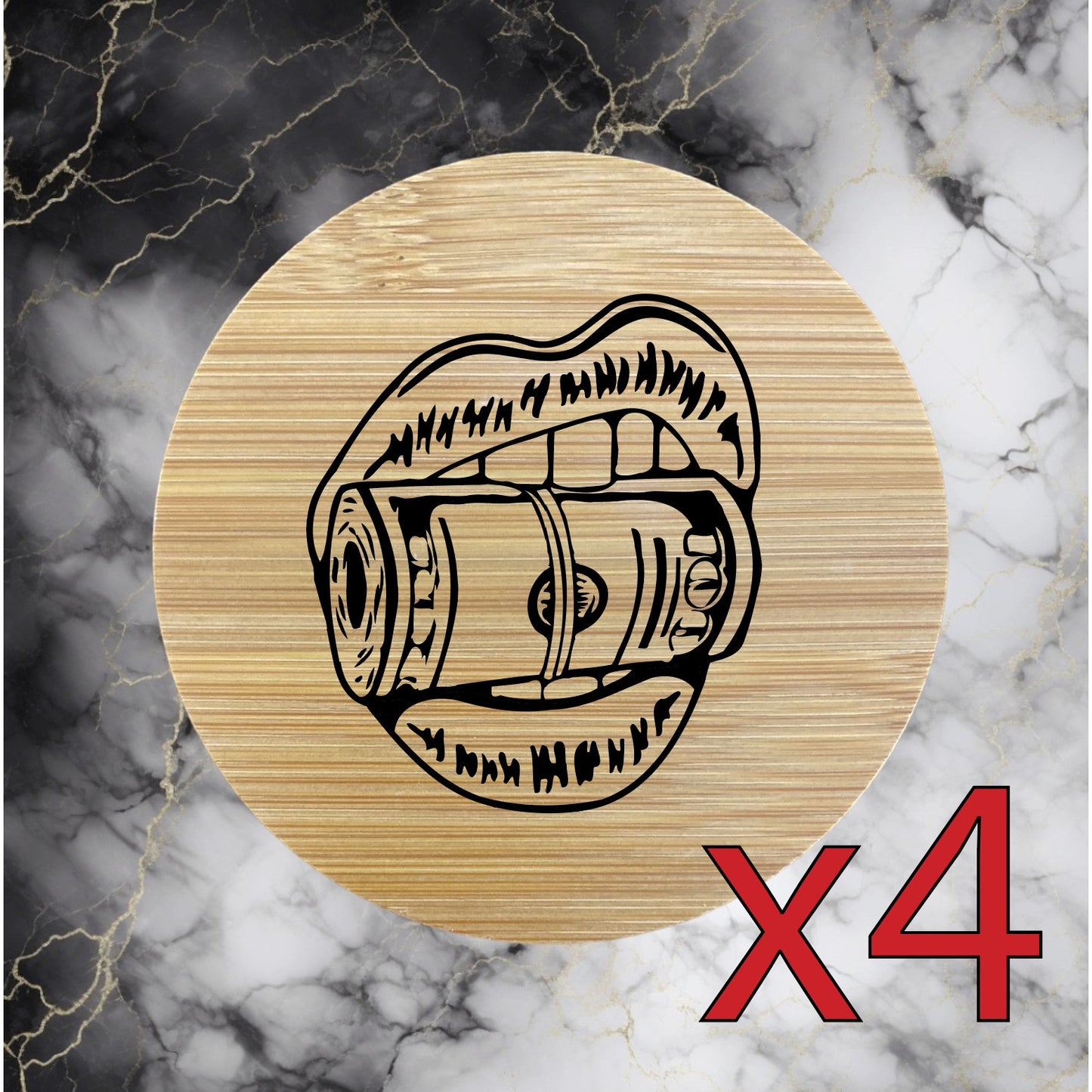 Lips Cash x4 Bamboo Coasters Drink Natural Wood Home Decor Lounge Money NEW