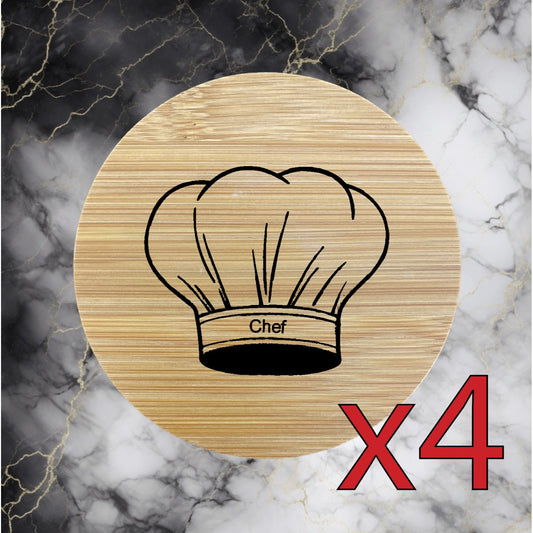 Chef Hat x4 Bamboo Coasters Drink Natural Wood Home Decor Lounge Cooking NEW