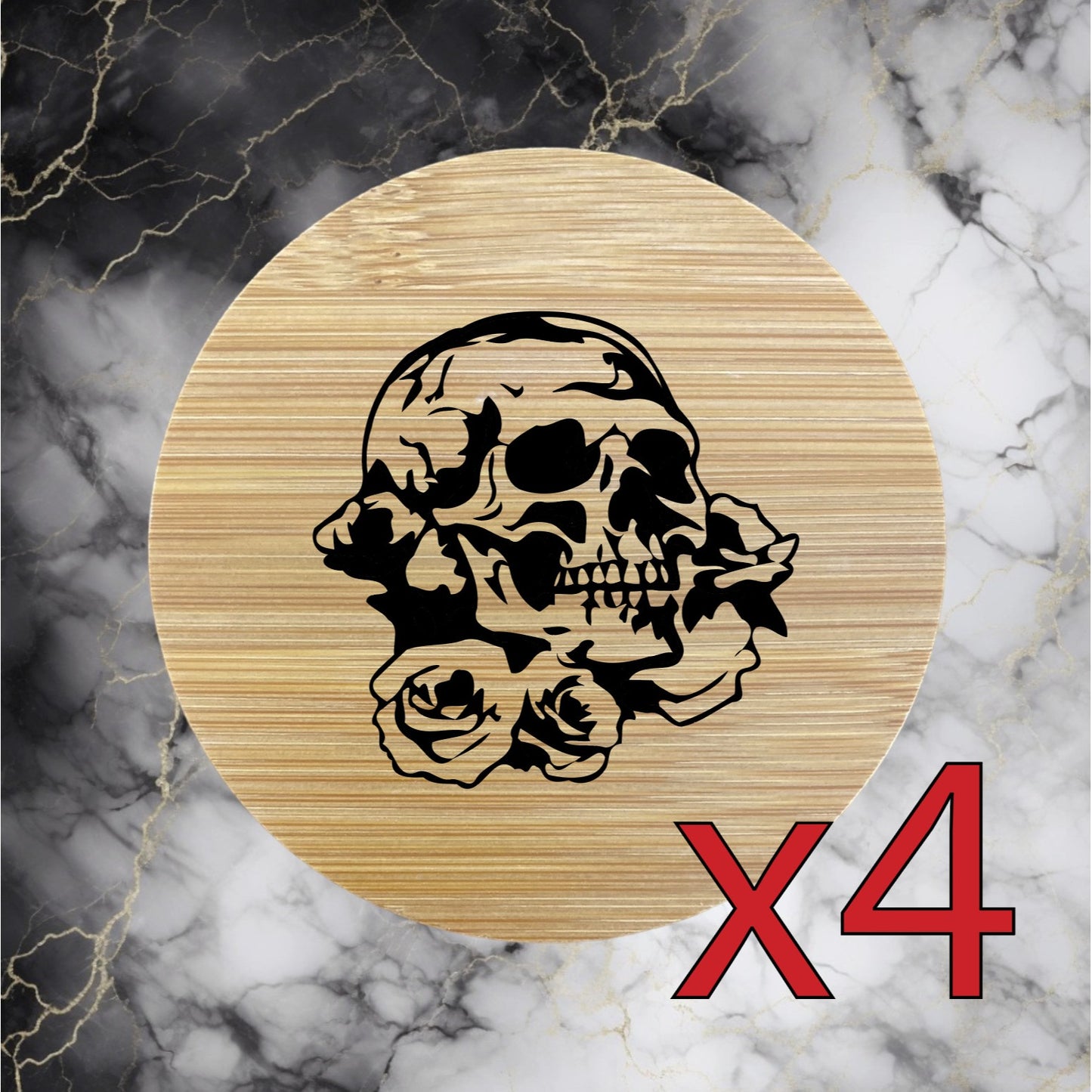 Skull Roses x4 Bamboo Coasters Drink Natural Wood Home Decor Lounge Flower NEW