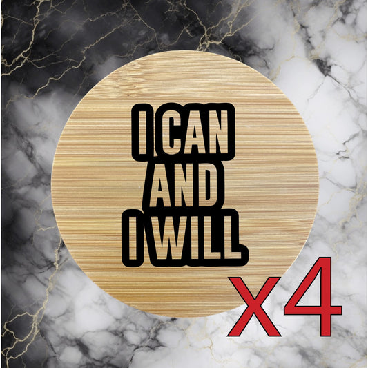 I Can I Will x4 Bamboo Coasters Drink Natural Wood Home Decor Lounge Quote NEW