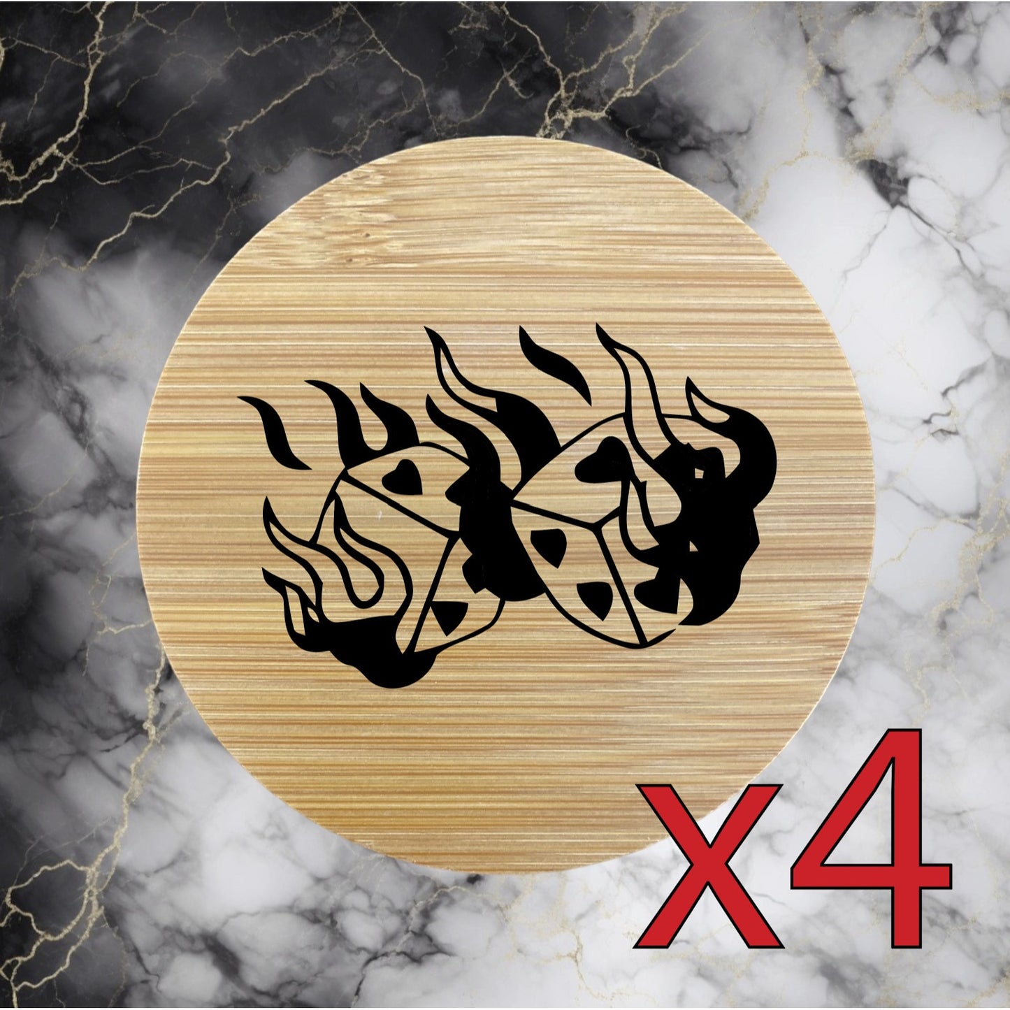 Dice Fire x4 Bamboo Coasters Drink Natural Wood Home Decor Lounge Hearts NEW