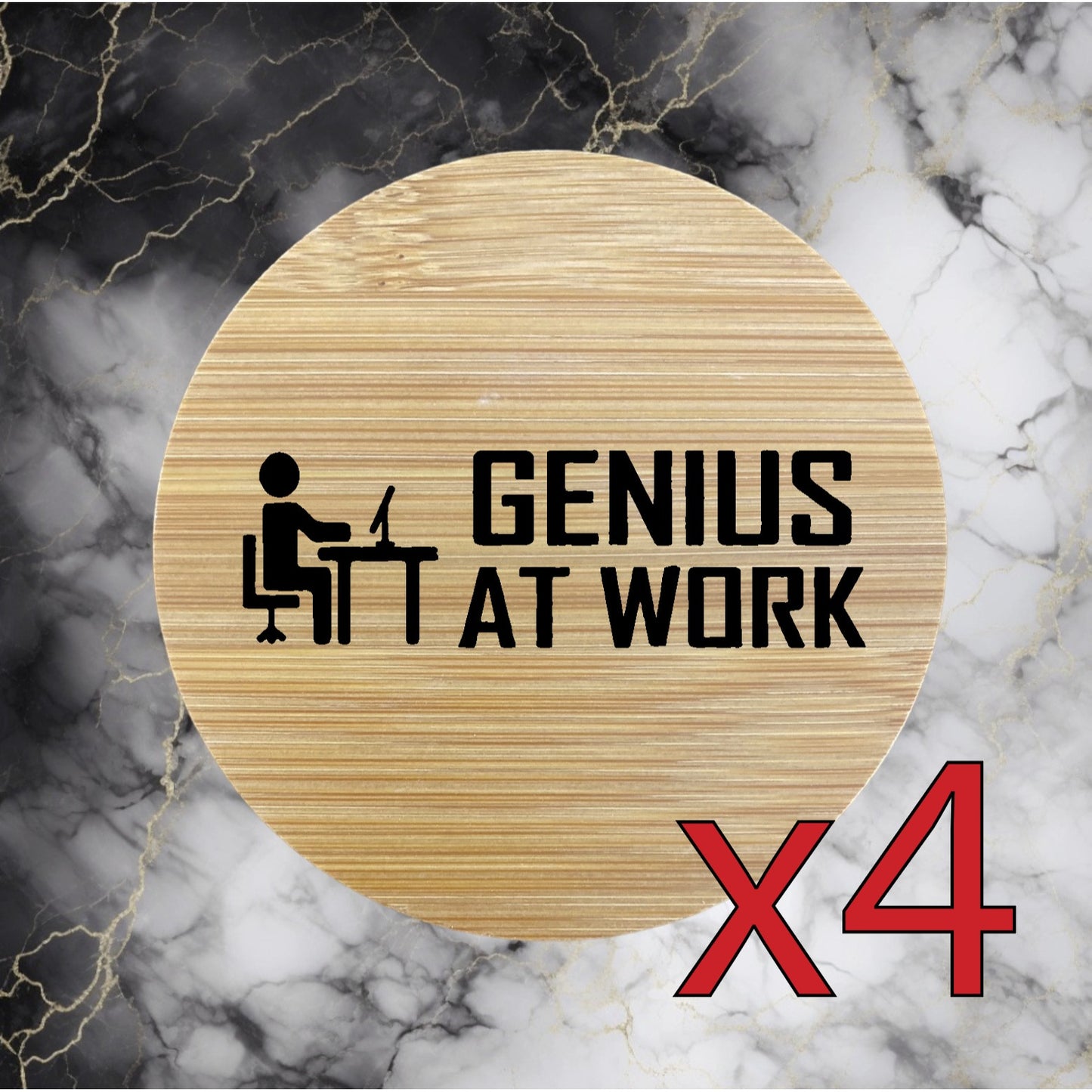 Genius At Work x4 Bamboo Coasters Drink Natural Wood Home Decor Lounge CPU NEW