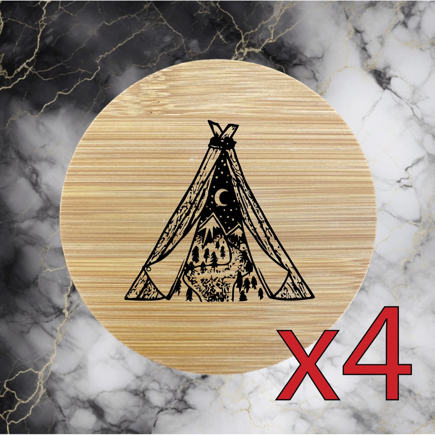 Teepee x4 Bamboo Coasters Drink Natural Wood Home Decor Lounge Outdoor Wild NEW