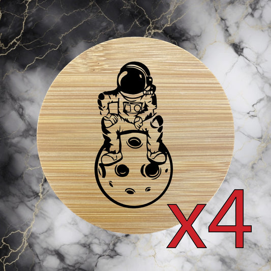 Astronaut Moon x4 Bamboo Coasters Drink Natural Wood Home Decor Lounge Space NEW