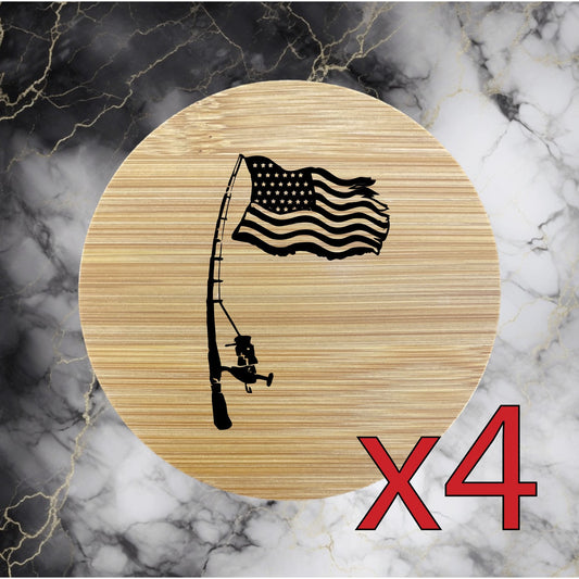 Fishing USA x4 Bamboo Coasters Drink Natural Wood Home Decor Lounge Flag NEW