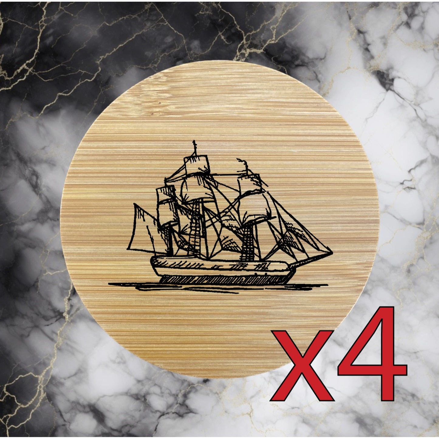 Ship Sailing x4 Bamboo Coasters Drink Natural Wood Home Decor Lounge Ocean NEW