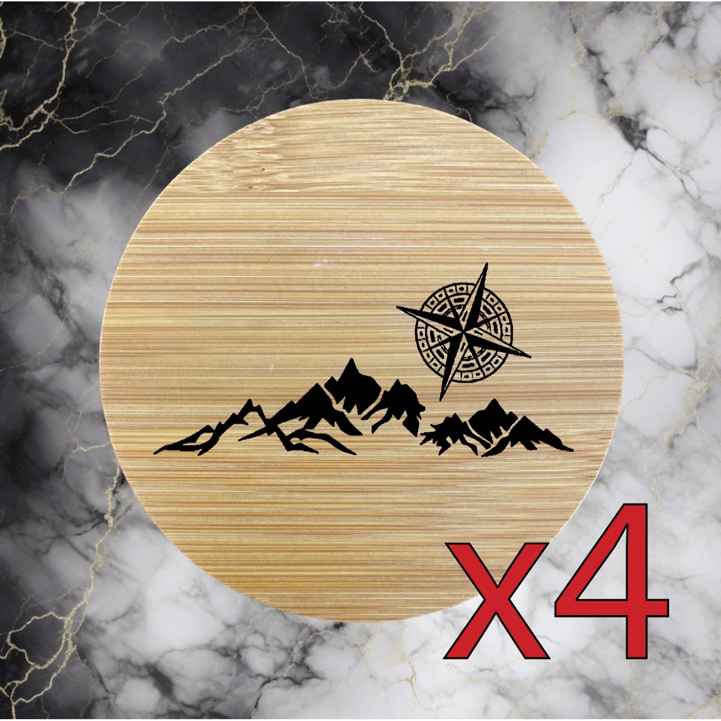 Mountain x4 Bamboo Coasters Drink Natural Wood Home Decor Lounge Compass NEW