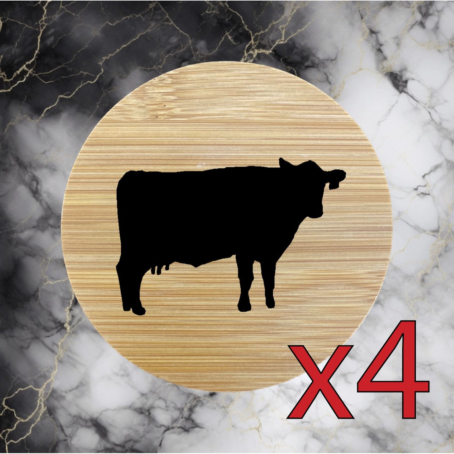 Cow x4 Bamboo Coasters Drink Natural Wood Home Decor Lounge Cattle Farm NEW