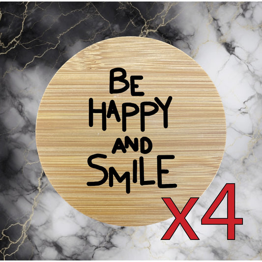 Be Happy x4 Bamboo Coasters Drink Natural Wood Home Decor Lounge Smile Life NEW