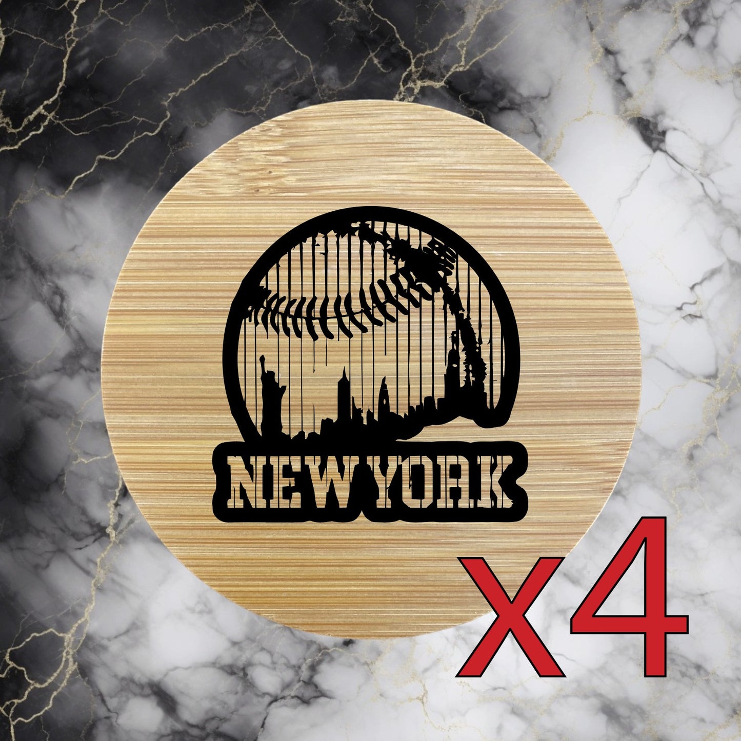 New York Baseball x4 Bamboo Coasters Drink Natural Wood Home Decor Lounge NEW