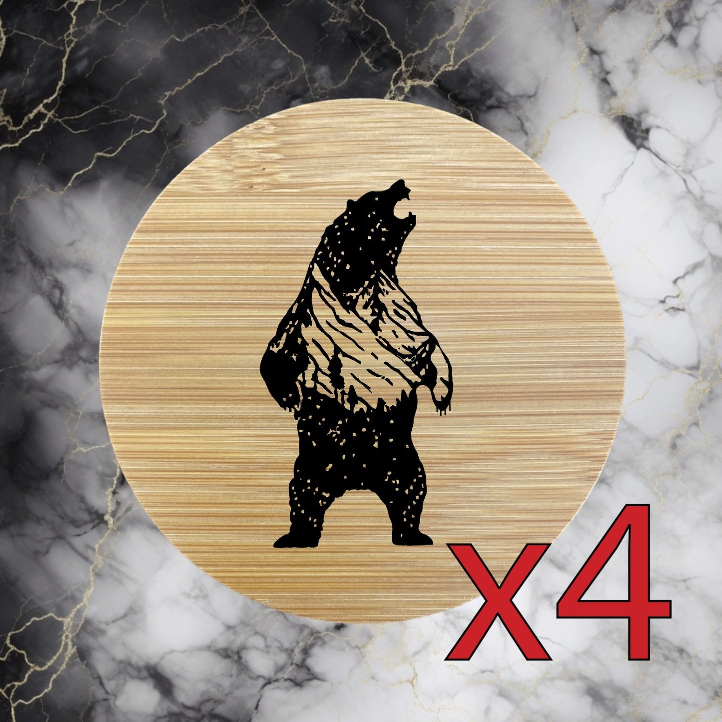 Grizzly x4 Bamboo Coasters Drink Natural Wood Home Decor Lounge Mountain NEW